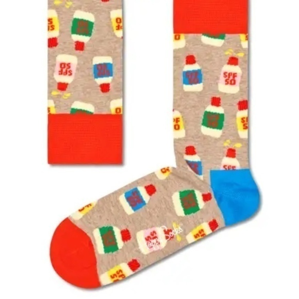 Happy Socks Mens Novelty SPF 50 Crew Socks Blue Red Beige::NWT::